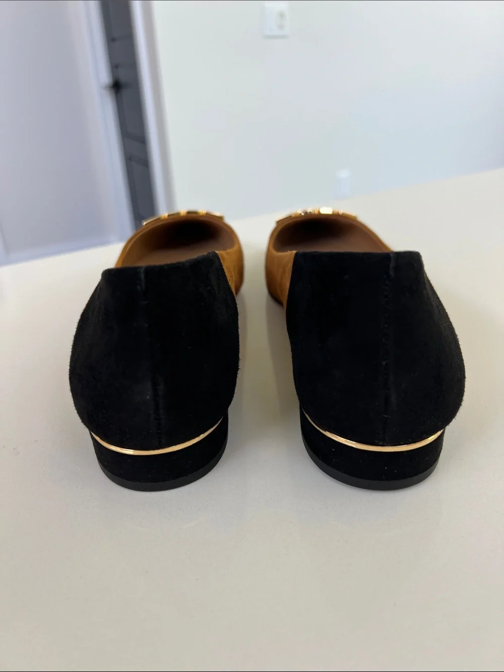 Tory Burch gigi 20mm pointy toe flat silk suede leather dark tiramisu tan black